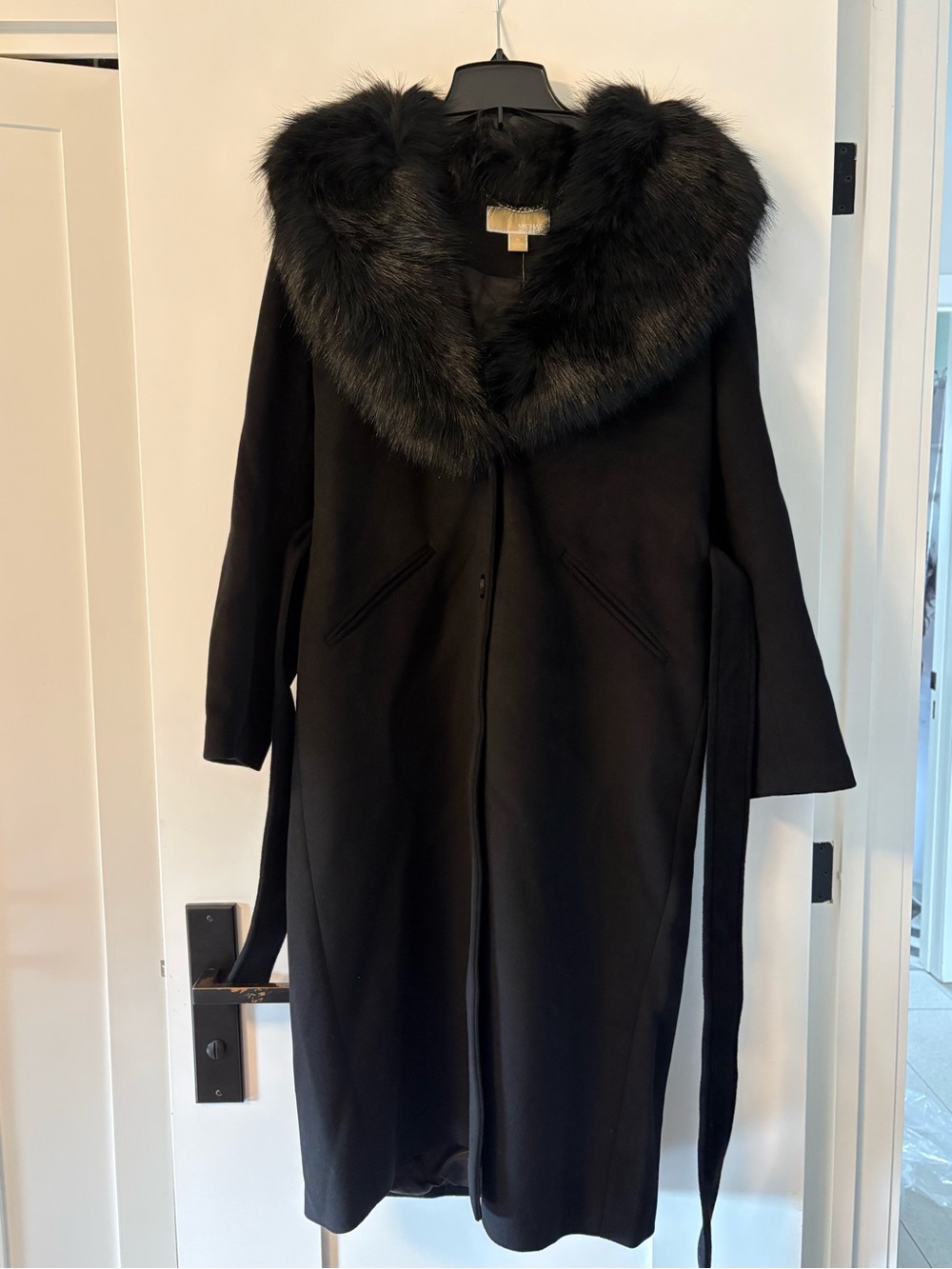 MICHAEL Michael Kors Black Long Trench Coat with Faux Fur Collar